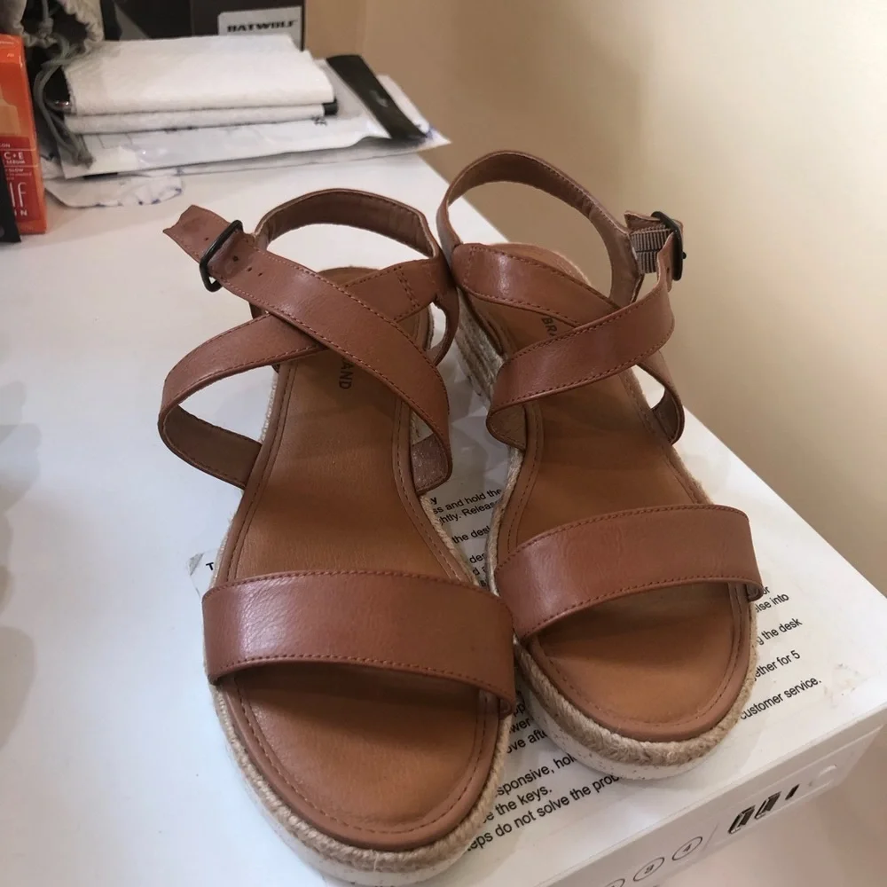 Lucky Brand Brown Espadrille Wedge Platform Sandals Leather Size 7